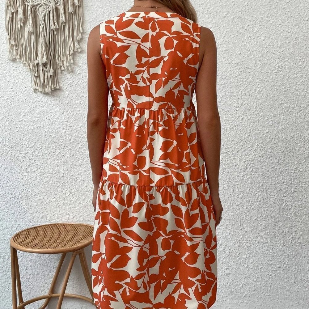 Allover Plant Print Notch Neck Ruffle Hem Dress - Picture 3 of 5